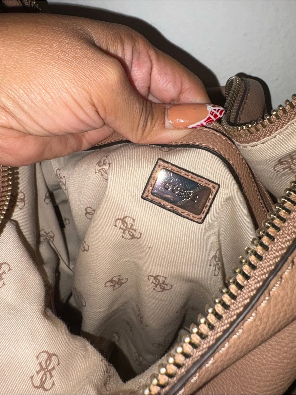 Guess Tan Pebbled Shoulder Hobo Bag with Silver Hardware